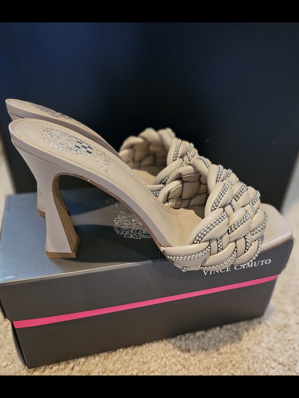 Vince Camuto Braided Beige Slide Sandal with Rhinestone Accents